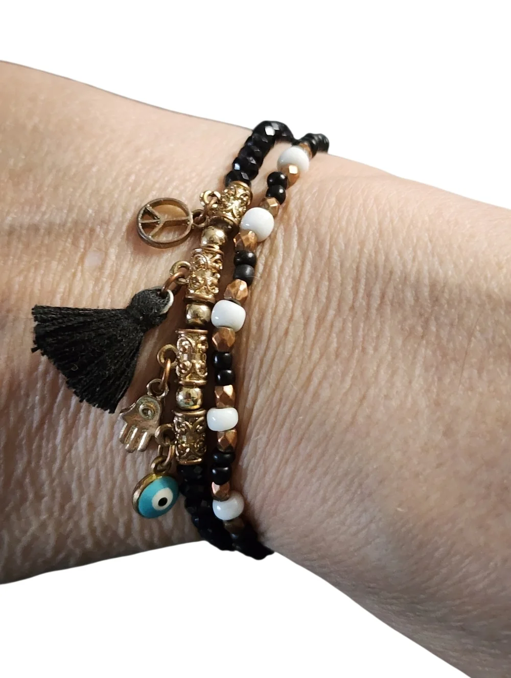 Goldtone and Black Beaded Tassel Stretch Bracelet Stack
